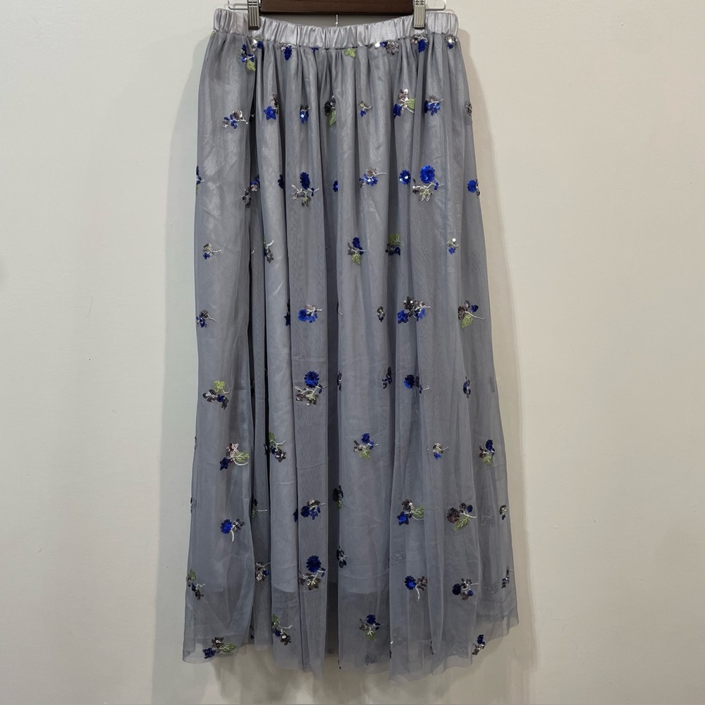 Elestory Blue Star Multicolored A-line Pleated Embellishments Maxi Skirt Size M